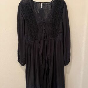 Free People Black Lace-Trim Button-Front Midi Dress